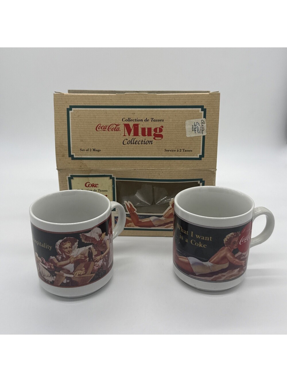 Vintage 1991 Coca-Cola Mug Collection Set of 2 Beach Girl Pin Up Retro Coke Mugs